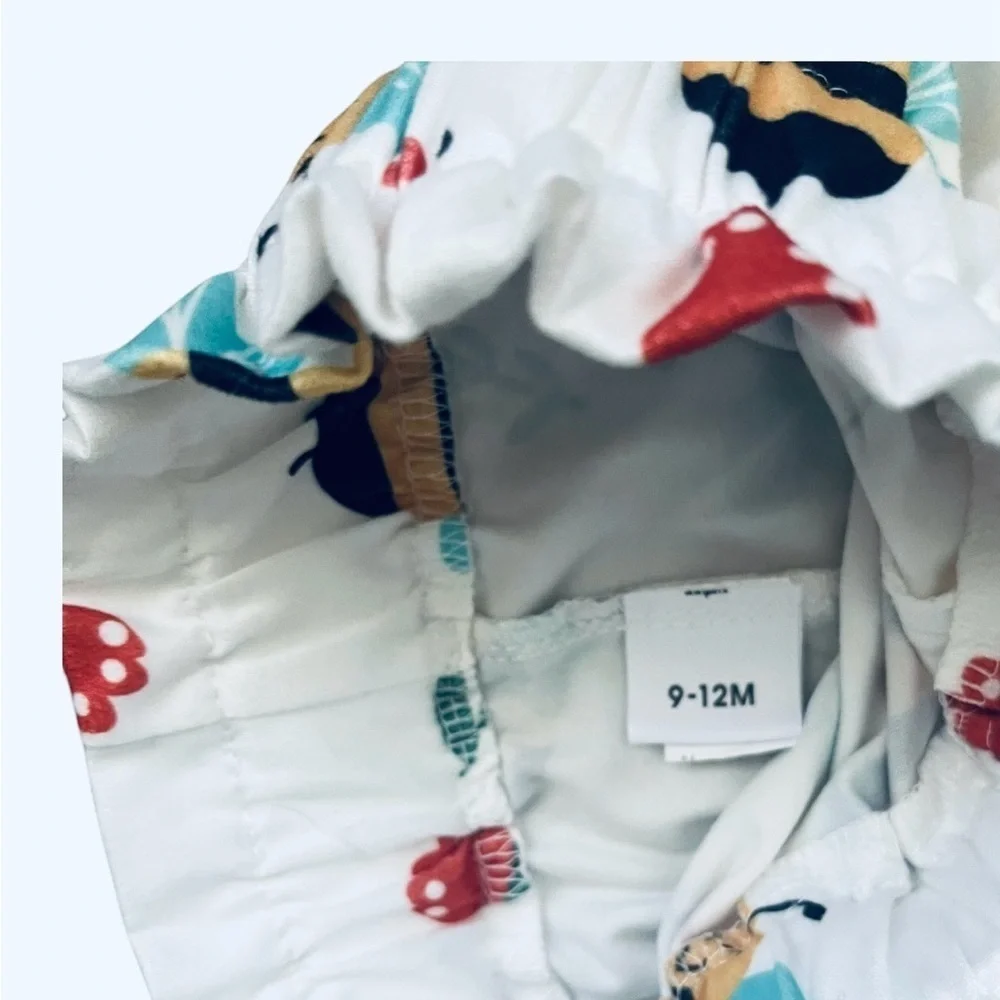 Bee/ strawberry print white ruched pull-on shorts yellow bow detail Girl 9-12 Mo